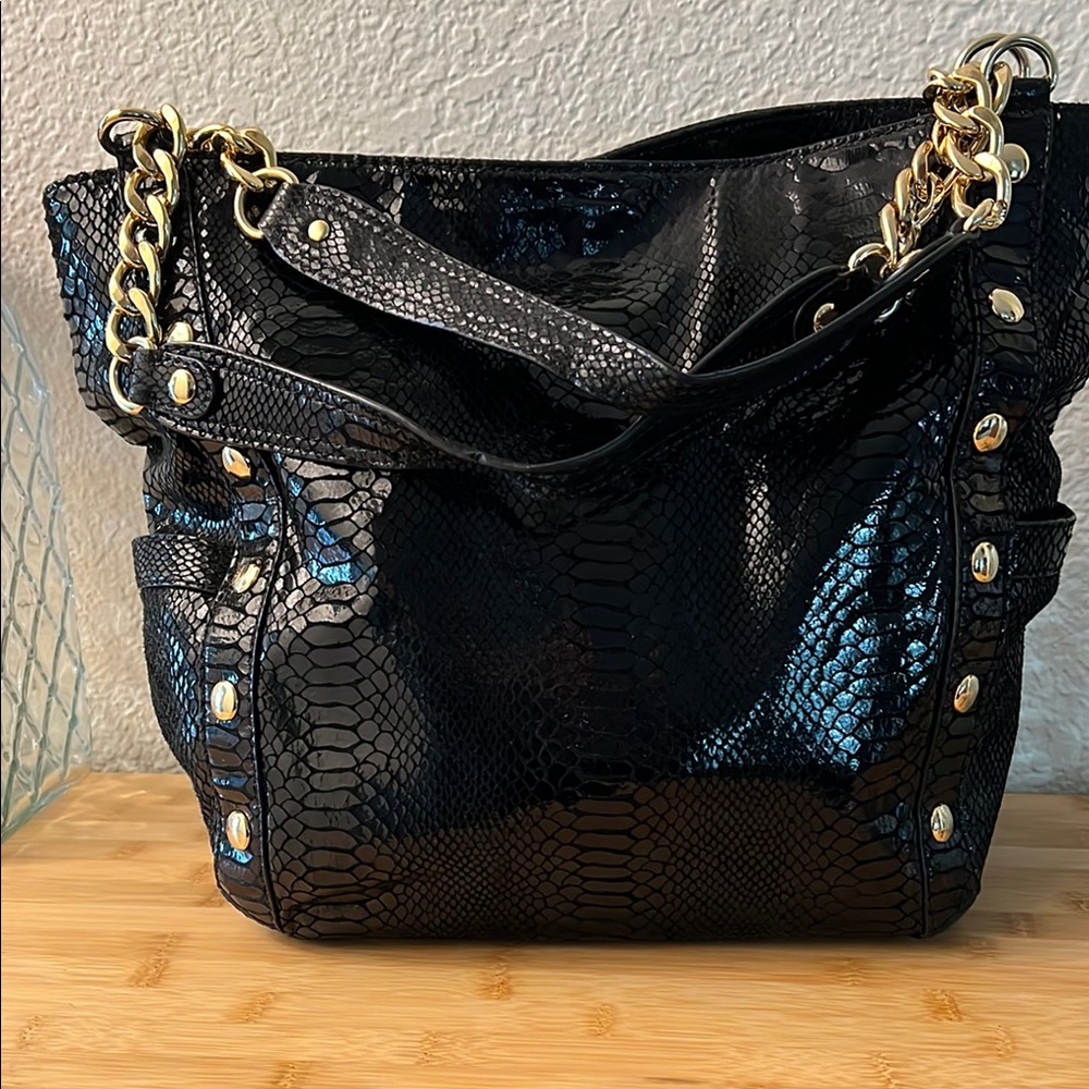 Elegant Michael Kors Black Snake-Embossed Bag with Gold Chain